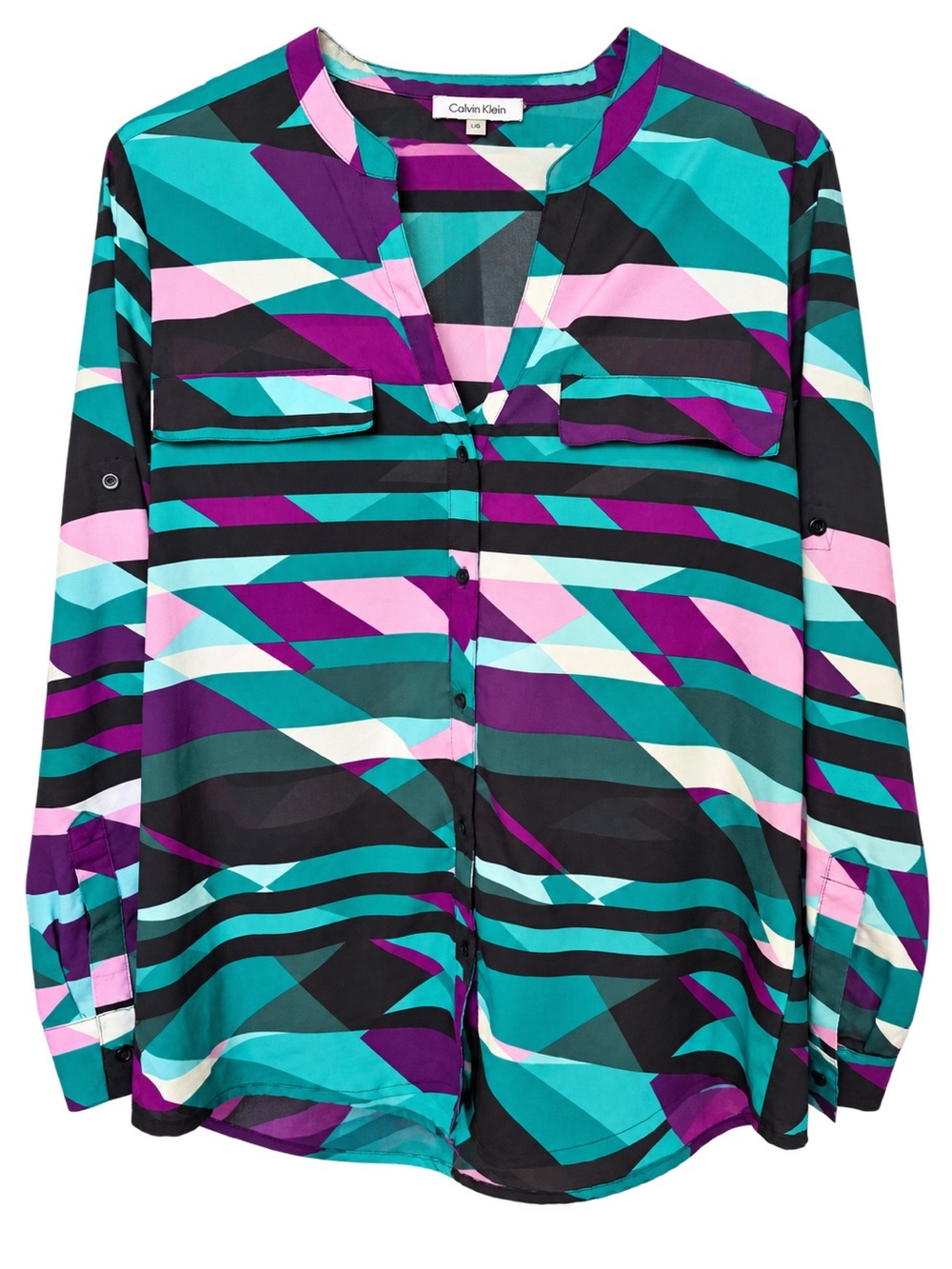 Calvin Klein L Geometric Abstract Print Roll Tab Button Down Blouse
